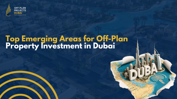 Top emerging areas for off-plan property investment in Dubai with 3D Dubai city map illustration and skyline background