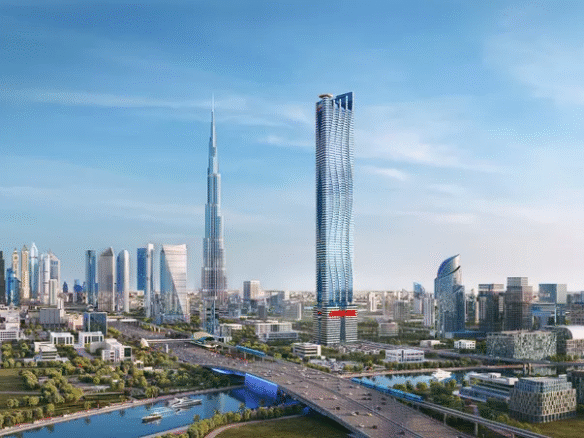 High-rise luxury tower with Burj Khalifa view and modern architecture – Danube BAYZ 102 residential project in Business Bay, Dubai.